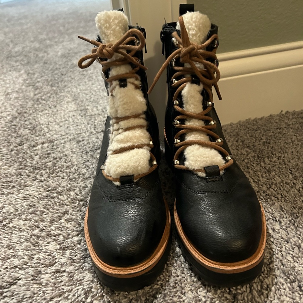 Women’s Black Combat Boots with Shearling Trim